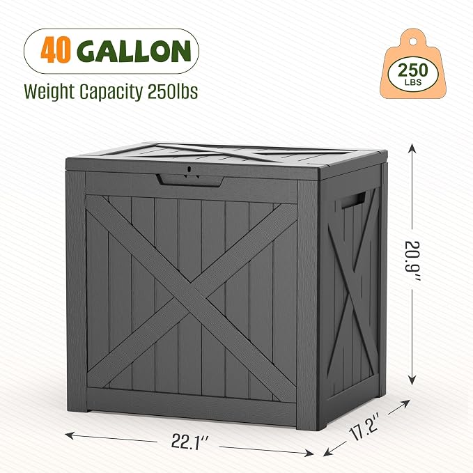 40 Gallon Waterproof Resin Deck Box, Outdoor Lockable Toy Storage Box Container for Patio Cushions Garden Tools, Delivery Box, Black