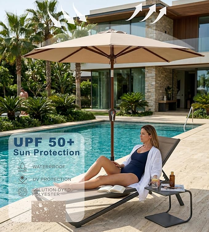 PatioKingdom 10FT Patio Umbrella with Push Button Tilt and Crank, Outdoor Market Umbrella with 8 Fiberglass Ribs, UV Protection Table Umbrella for Pool,Backyard,Garden,Deck