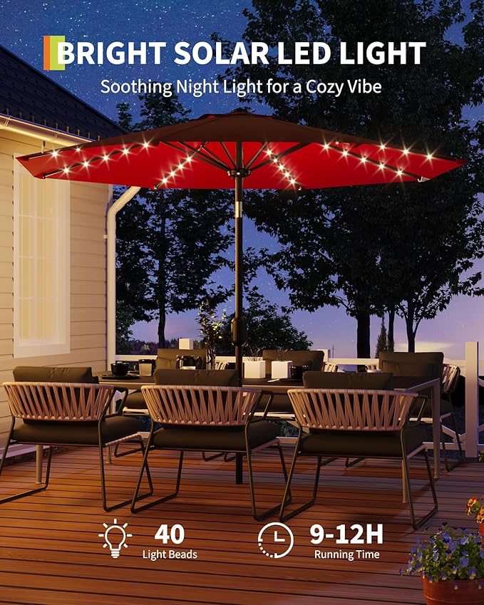 GarveeLife 10 ft Patio Umbrella with Solar Lights, 8 Ribs Outdoor Market Table Umbrella with 40 LED Lights & Tilt Crank for Pool, Deck, Backyard, Red