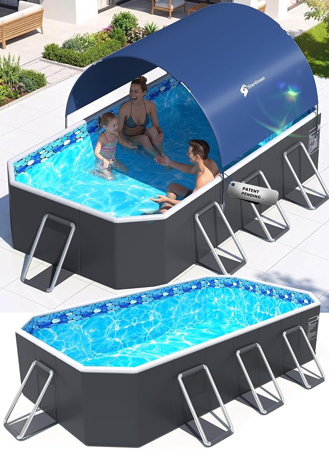 StarOcean Foldable Pool with Canopy,Non Inflatable Pool,Large Foldable Swimming Pool for Adult Portable Pool,Large Collapsible Kid Pool with Shade,Folding Kid Pool for Backyard,90x50x19 in-Dark Blue