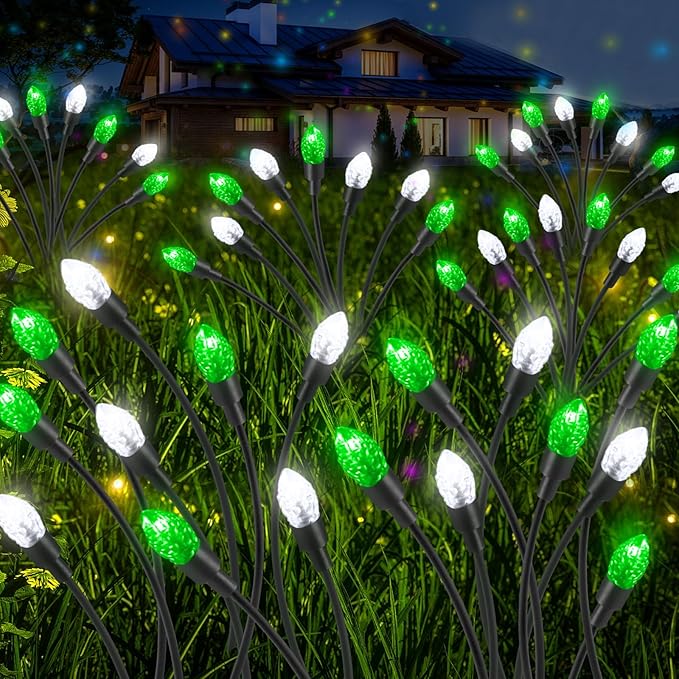 Rossesay 4 Pcs St Patricks Day Outdoor Decorations Solar Lights Waterproof Green 48 LED Swaying Pathway Firefly Stake Lights for Outside Yard Garden Lawn Decorations(Green White,Pine Cone)