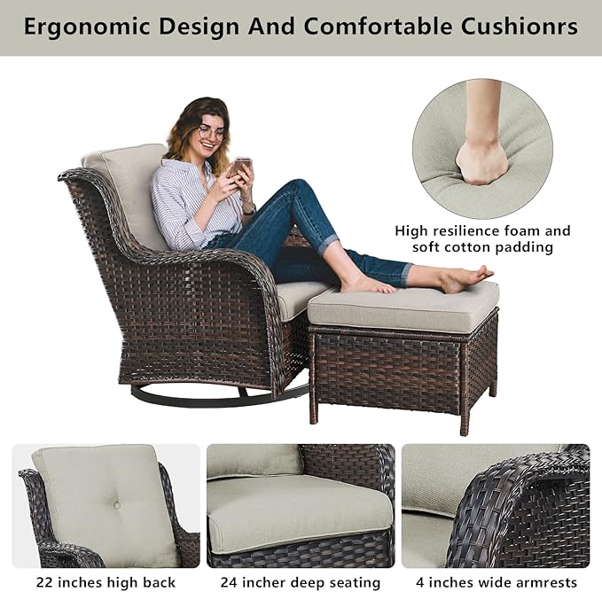 Belord Wicker Patio Furniture Sets - 8 Piece Rattan Outdoor Furniture Conversation Sets with 4 Swivel Rocker Chairs, Rattan Sofa, Wicker Ottomans and Coffee Table, Brown/Beige