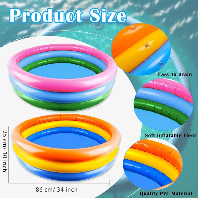 4 Pack Round Pools Bulk 34 x10 Inch Inflatable Swimming Pool 3 Rings Small Blow up Padding Ball Pond for Summer Outdoor Floats Water Game (Color Set 2)