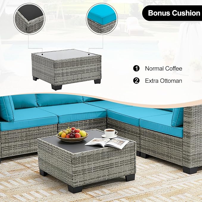 CANMOV 5 Pieces Patio Furniture Sets, All Weather Outdoor Patio Conversation Set, PE Wicker Rattan Sectional Sofa Couch Glass Coffee Table Washable Cushions for Backyard, Porch, Poolside, Peacock Blue
