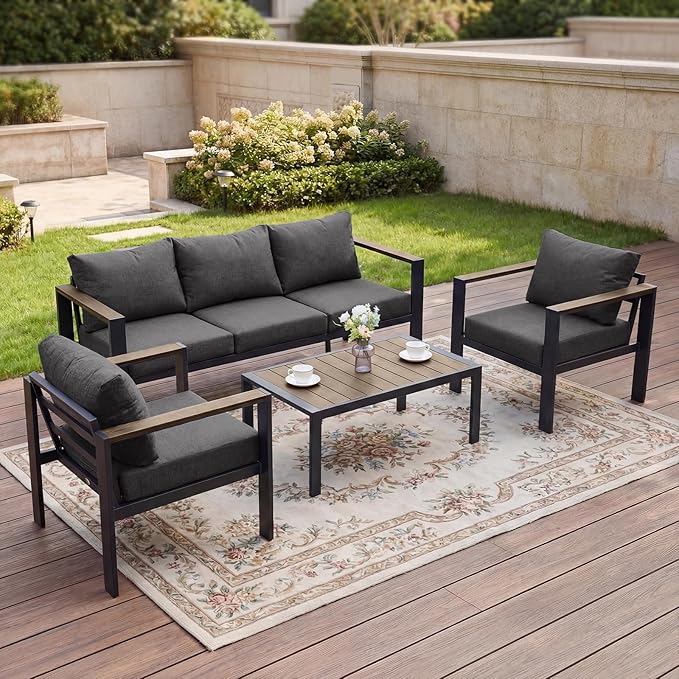 Outdoor Patio Furniture Set 5 Seats Luxury Aluminum Patio Conversation Set with Washable Thick Cushions, 4 Pieces Outdoor Sectional for Porch, Balcony, Deck, Yard, Dark Gray