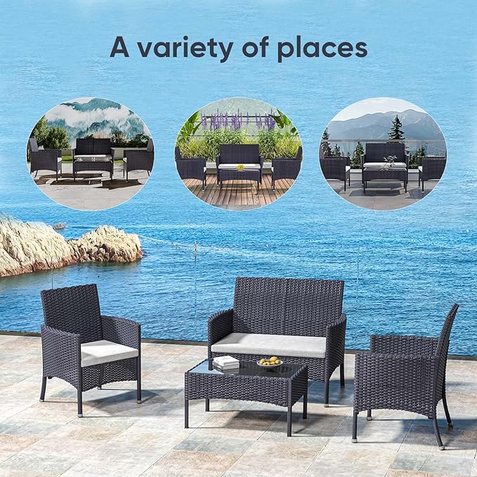 Outdoor Furniture Set of 4 Pieces with PE Waterproof Rattan Tempered Glass Table and Thick Cushions Suitable for Gardens Porches Terraces and Balconies Easy to Assemble Black and Beige