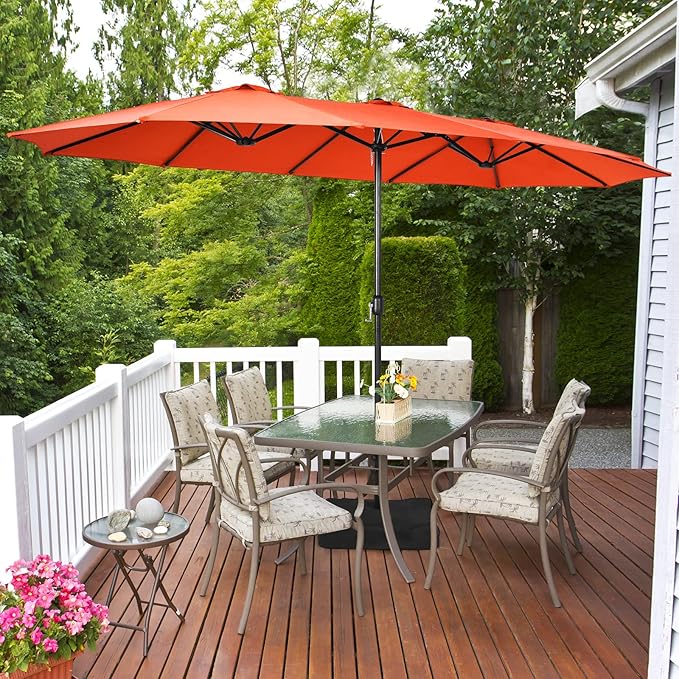 Tangkula 15FT Double-Sided Patio Umbrella with Base, Extra-Large Market Umbrella W/Crank System, Outdoor Twin Umbrella W/ 12-Rib Metal Structure & Air Vents for Garden, Backyard, Poolside (Orange)