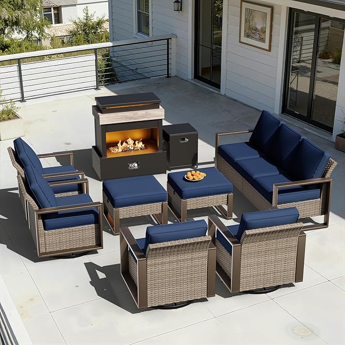 8 Pieces Metal Wicker Patio Furniture Set - 75" Sofa, Four Swivel Chairs and Two Ottomans, One Fireplace All Weather Rattan Outdoor Conversation Furniture with Washable Cushion for Deck, Dark Blue