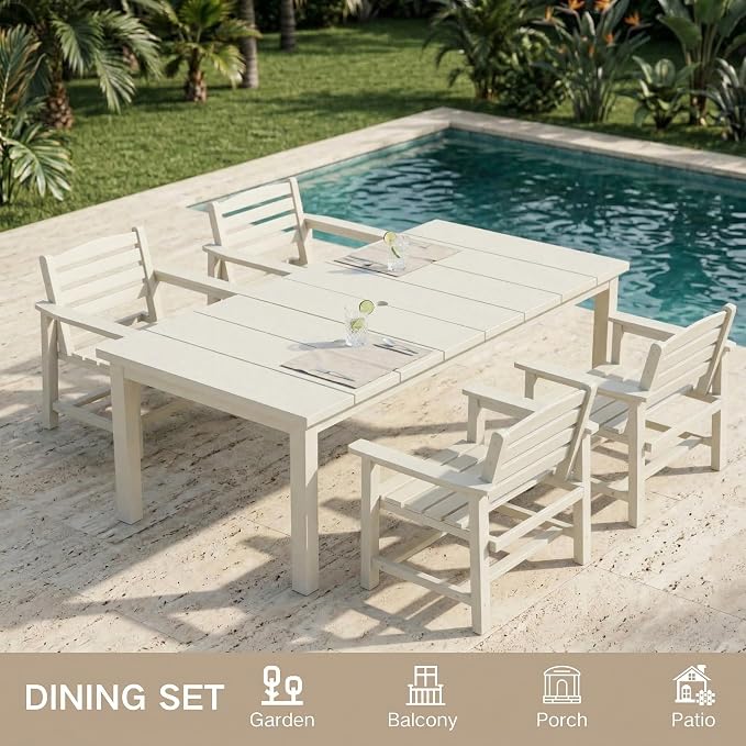 Kingdura 5 Piece Patio Dining Set for 4, 75.2'' HDPE Outdoor Dining Table Set with 2" Umbrella Hole, Weather-Resistant Outdoor Furniture, Table and Chairs Set for Backyard Pool Garden, White