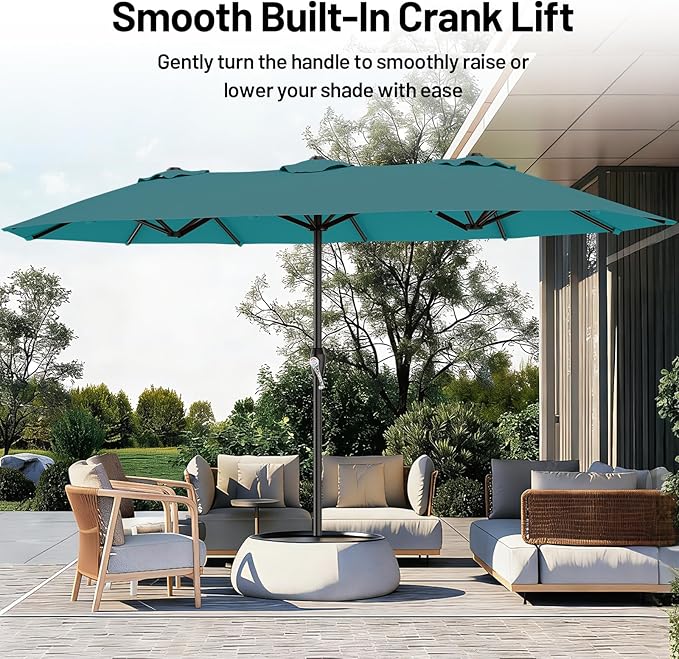 AreShark 15ft Patio Umbrella with Base, Double Sided Outdoor Umbrella with 12 Fiberglass Ribs, Large Outdoor Umbrella for Garden, Pool, Deck, Backyard & Market, Lake Blue