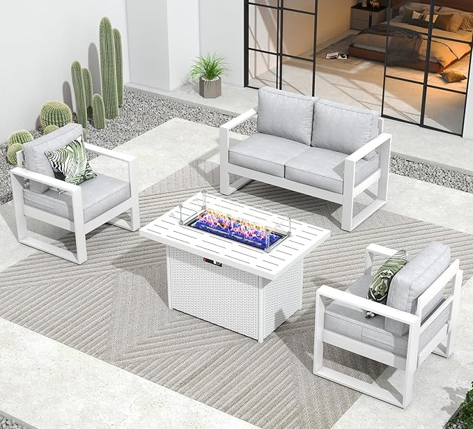 Outdoor Aluminum Furniture Set with Fire Pit Table - 4 Pieces Modern Patio Conversation Sets Metal Sectional Sofa Set