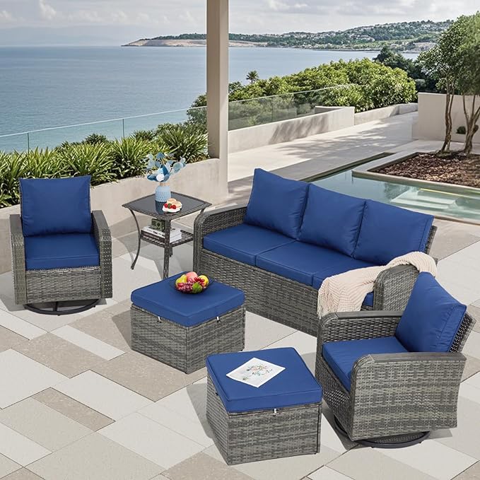 6 Pieces Outdoor Furniture Set with Swivel Chairs, Wicker Patio Furniture for Porch Deck Bistro Lawn Garden Backyard Poolside-Blue