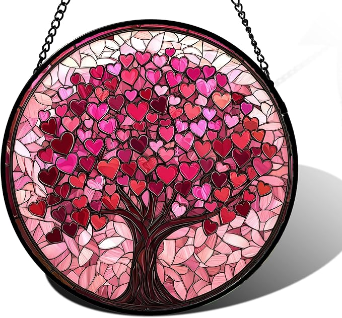 Stained Glass Window Hanging, Birthday Gifts for Women Mom Grandma Nana Wife Couple, Pink Love Tree Suncatcher for Doors Window Home Sun Catchers Gifts Decor 9.8 in