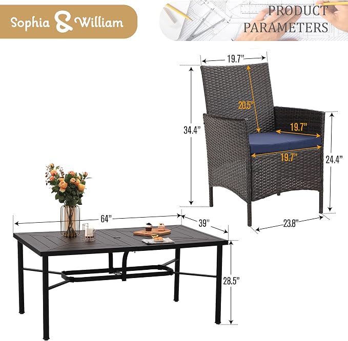 Sophia & William 7-Piece Patio Dining Set, Metal Table, PE Wicker Chairs | All Weather Patio Table and Chairs Set for 6, Perfect for backyard, deck, porch