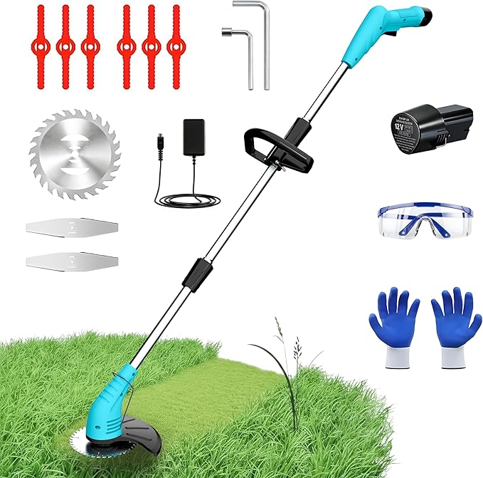 Cordless Weed Wacker, Grass Trimmer with 3 Types Blades and 2.0Ah Li-Ion Battery Powered,12V Electric Weed Trimmer/Edger for Garden Yard Work and Lawn Care (Blue)