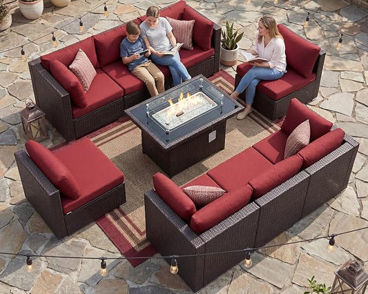 NICESOUL Modern 9 Pcs Patio Sectional Sofa Set with Fire Pit Natural Gas/Propane, Extra Large Outdoor Furniture Sets, 29.3'' High Back Deep Seats Conversations 8 Seater, Brown Rattan and Red Cushion