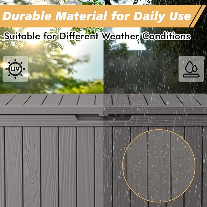 Fancyango 75 Gallon Outdoor Deck Box Waterproof, Large Storage Box for Patio, Resin Storage Bench Lockable for Garden Tools, Package Delivery, Grey