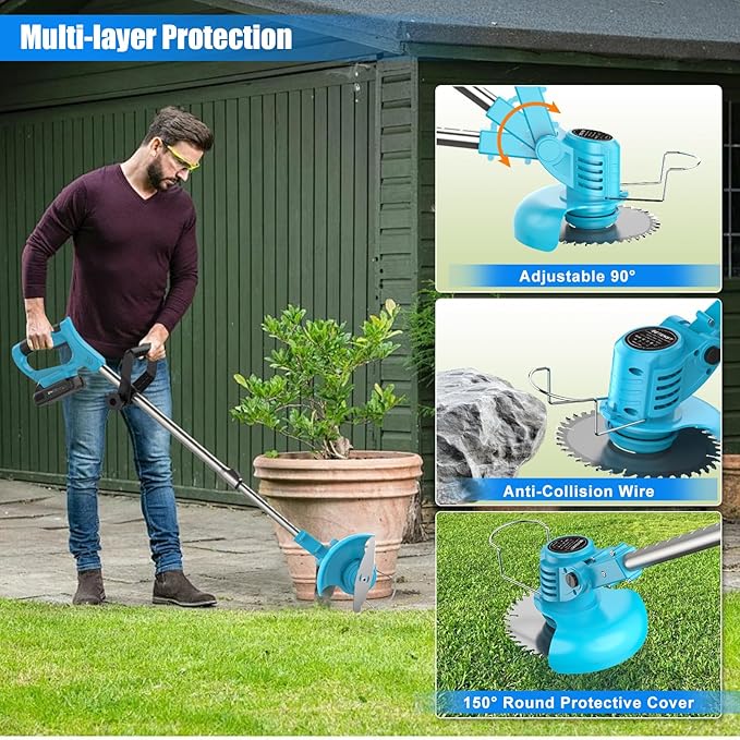 Weed Wacker, Cordless String Trimmer 21V with 2 Batteries 2.0Ah, 2 Types Metal Blades Powered Grass Trimmer, Pruning Shears, Adjustable Pole Weed Trimmer for Garden and Yard Lawn, Blue