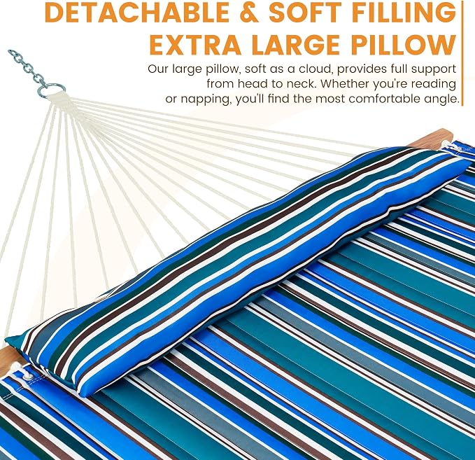 Lazy Daze Hammocks 12 FT Quilted Fabric Double Hammock with Spreader Bars and Detachable Pillow, 450lbs Weight Capacity