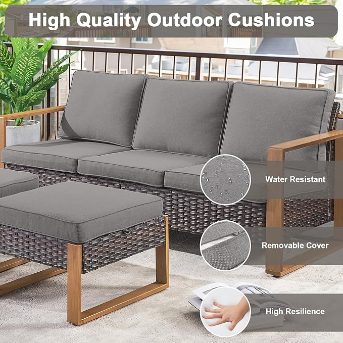 Belord 6 Piece Outdoor Patio Furniture Set with Propane Fire Pit Table, Wicker Patio Conversation Set with2 Patio Wicker Chairs Rattan Sofa and Removable 4" Thick Cushions for Deck Backyard