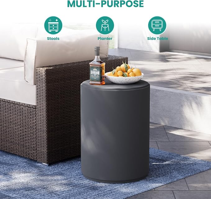 SUNBURY Outdoor Side Table, 20" H Concrete End Tables, Round Patio Accent Table, Modern Small Side Table, Cement Garden Stool Log Table, Tree Stump Drum Table Indoor and Outdoor, Frosted Grey