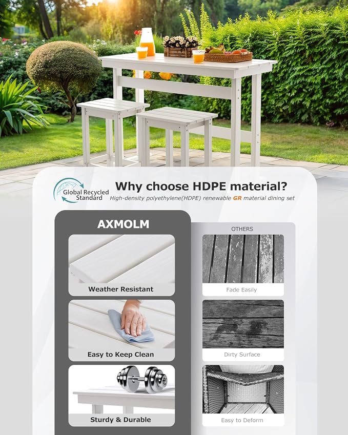 HDPE Outdoor Bar Height Patio Table, 54” All-Weather Outdoor High Top Tall Pub Rectangular Bar Table for Balcony, Backyard, Garden,Lawn (White, Bar Table)