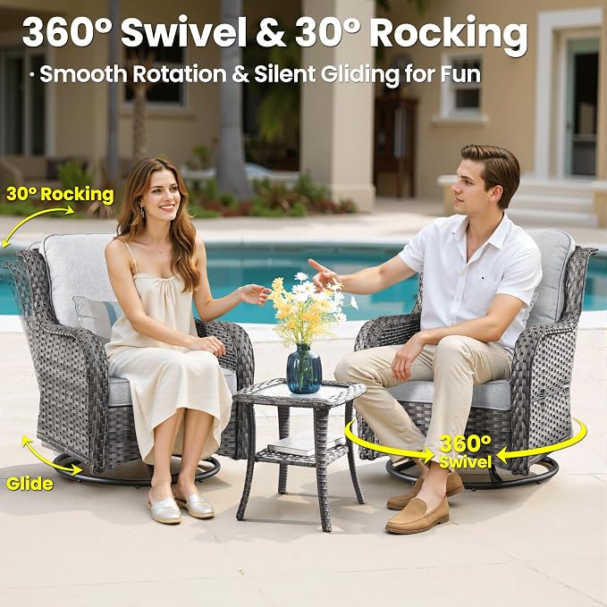 ovios 6 Pieces Patio Furniture Set with 42 inch Fire Pit Table, Outdoor Wicker Sofa Couch Loveseat, Swivel Rocking Glider Chairs, Modern Conversation Set, Grey Rattan, Grey