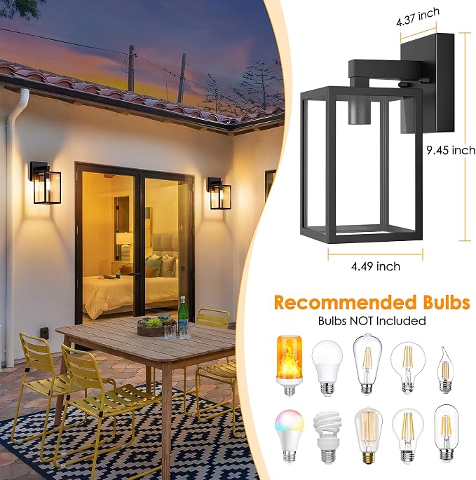 Outdoor Wall Light Fixture, Black Porch Lights, 2 Pack | Waterproof, Anti-Rust, E26 Socket, Exterior Wall Mount Lamps, Front Door Lighting, Outside Patio Sconce Lantern, Garage
