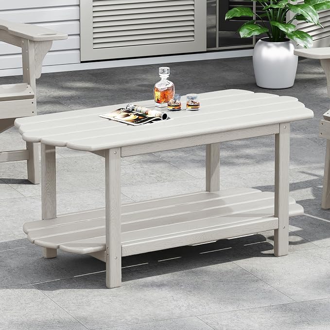 2 Tier Patio Table-White Outdoor Coffee Table Adirondack Balcony Table for Garden Pool