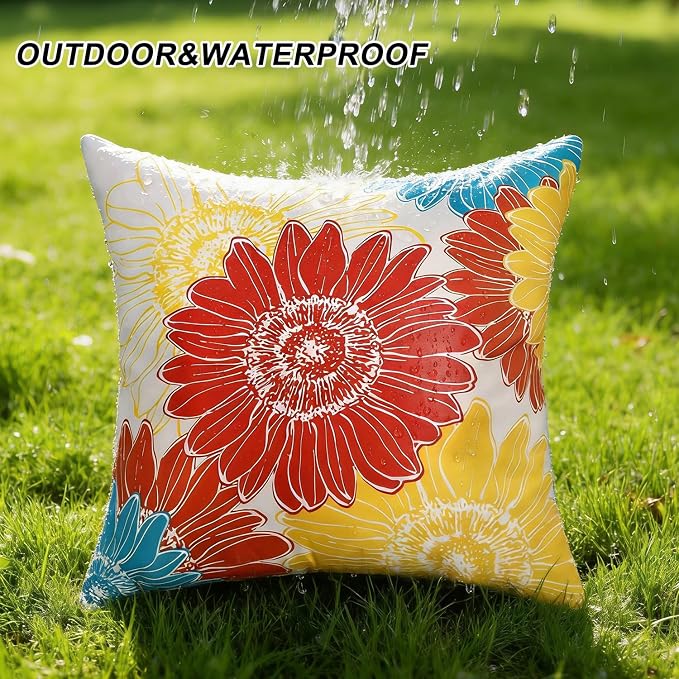 Outdoor Decorative Floral Pillow Covers Waterproof Red Orange Sunflower Throw Pillow Covers Summer Square Farmhouse Cushion Throw Pillowcase 20x20 Set of 2 for Living Room Sofa Patio Furniture Garden