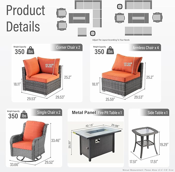 HOOOWOOO Outdoor Patio Furniture Set with Fire Pit 10 Pieces Patio Set with Fire Pit Wicker Outdoor Furniture with Fire Pit Table Set Patio Conversation Set with Swivel Chairs,Orange Red