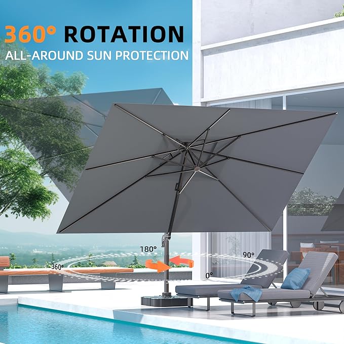 9' X 12' Cantilever Outdoor Patio Umbrellas with Base Included, Large Rectangle Umbrella Heavy Duty 360°Rotation Offset Umbrella for Garden Deck Pool Patio,Grey