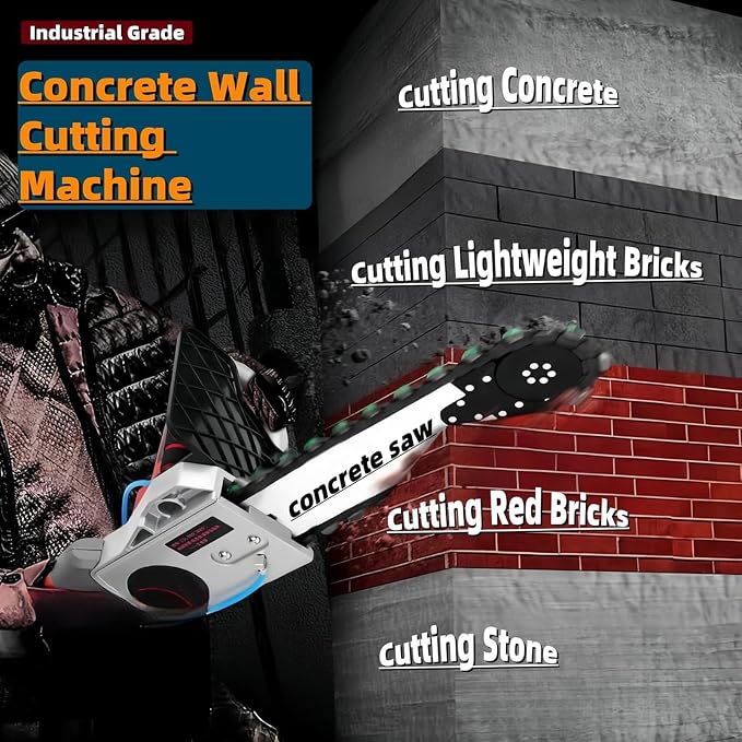 Electric Concrete Chainsaw Wall Cutter Machine 5800W 6500W Handheld Concrete Chain Saw with 2 Diamond Concrete Saw Chain and Water Supply and Dust Suppression (19" Cutting Depth)