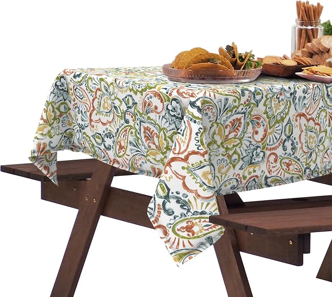 DYTXIII Outdoor Rectangle Tablecloth with Umbrella Hole and Zipper 84" x 60", Water Repellent Floral Picnic Cover, Fade & Wrinkle Resistant Tablecloth for Patio/Garden/Party Table, Paisley Botanical