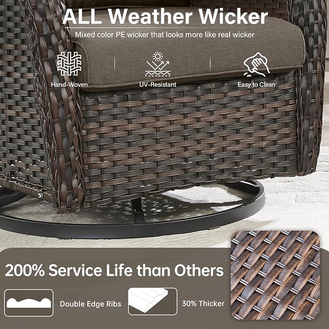 Outdoor Swivel Rocker Patio Chairs Set of 4 with Fire Table - 5" Thick Cushion 6 Piece Furniture Set with Fire Pit Table All Weather Wicker Conversation Set for Porch Deck - Brown/Gray