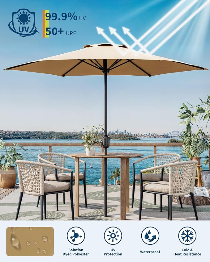 GarveeLife 7.5 ft Outdoor Patio Umbrella, Outdoor Table Umbrella, Market Umbrella, 6 Sturdy Ribs UV Protection Waterproof for Garden, Deck, Backyard, Pool (Tan)