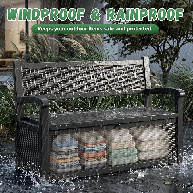 80 Gallon Outdoor Storage Bench Waterproof Resin Lockable UV Resistant Deck Box Benches Furniture Outside Porch Patio Pool Garden Tool Cushion Black