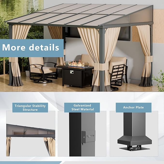 ALAULM 10'x 12' Outdoor Hardtop Pergola,Wall Mounted Lean to Gazebo with Curtains and Netting,Galvanized Metal Frame,Sunshade for Patio, Backyard, Deck and Lawns-Sand