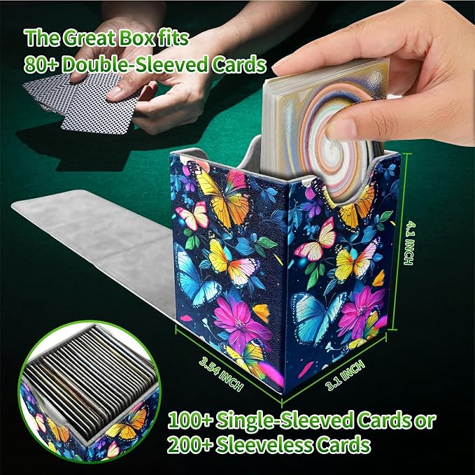 Colorful Butterfly Card Deck Box for MTG, Personalized Card Storage Case Fits 120+ Sleeved Cards, Premium Leather TCG Box with Strong Magnetic Closure for Magic, CCG, PTCG, Baseball Cards
