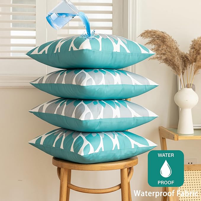 Pack of 4 Outdoor Waterproof Pillow Covers 24x24 Decorative Outdoor Throw Pillows Garden Square Cushion Cases for Patio Furniture, Couch, Tent Sunbrella, Bench, Teal Turquoise Grey