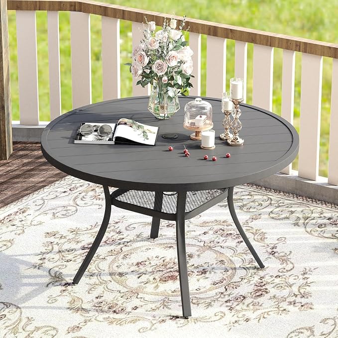 VICLLAX 47.2" Outdoor Round Patio Table for Lawn Garden, All Weather Metal Round Outdoor Dining Table with Adjustable Umbrella Hole, 6 Person Patio Table, Grey