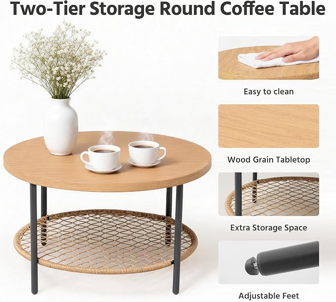 LAUSAINT HOME 5-Piece Outdoor Patio Furniture, All-Weather Wicker Patio Conversation Set with Thick Cushions and 2-Tier Coffee Table for Patio, Balcony, Backyard, Beige