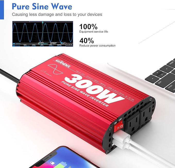 300Watt Pure Sine Wave Power Inverter DC 12volt to AC 120volt Car Converter Adapter with Dual USB Ports for Smartphones Laptops Tablets