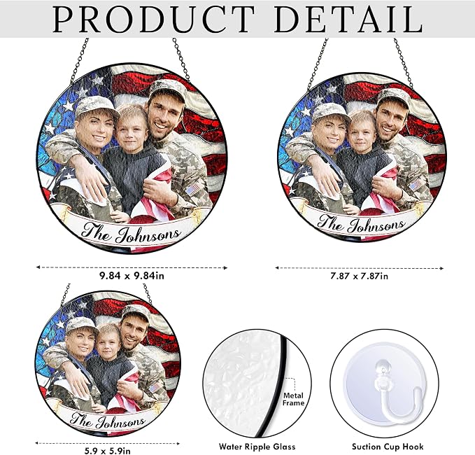 Personalized 4th of July Stained Glass Window Hanging Suncatcher, Custom Military Family - 4th of July Patriotic Family Photo Window Decor, Memorial Keepsake Gift (4th of July)