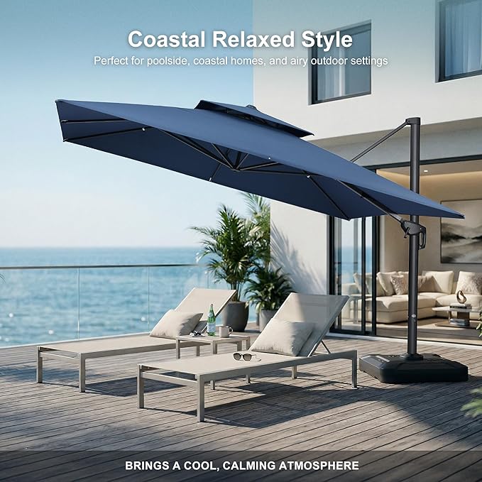 PURPLE LEAF 10 FT Cantilever Patio Umbrella Outdoor Umbrella with 220lbs Base Large Square Windproof Offset Umbrella for Pool Deck Garden, Ocean Slate
