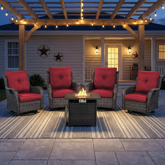 Wicker Patio Conversation Furniture Set All Weather Outdoor Furniture Set with Swivel Rocker Chairs and Fire Pit Table, High Back, 4 Inch Thick Cushions – Brown Wicker/Red Cushion, 5 PCS