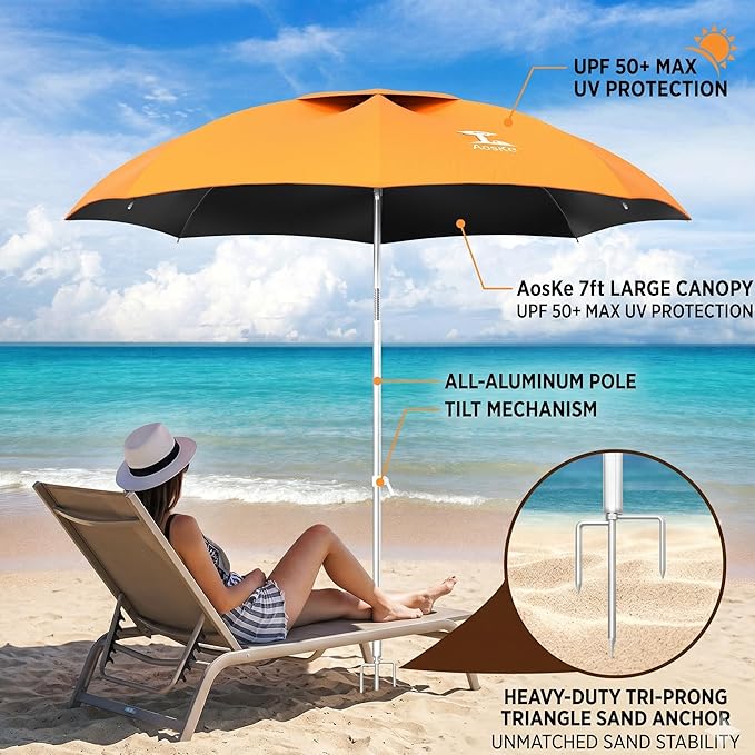 7ft Beach Umbrella, Portable Wind Beach Umbrellas for Sand with Anchor and Carrying Bag, UPF50+ UV Protection Outdoor Sunshade Umbrella,Tilt Sun Shelter for Beach Patio Backyard