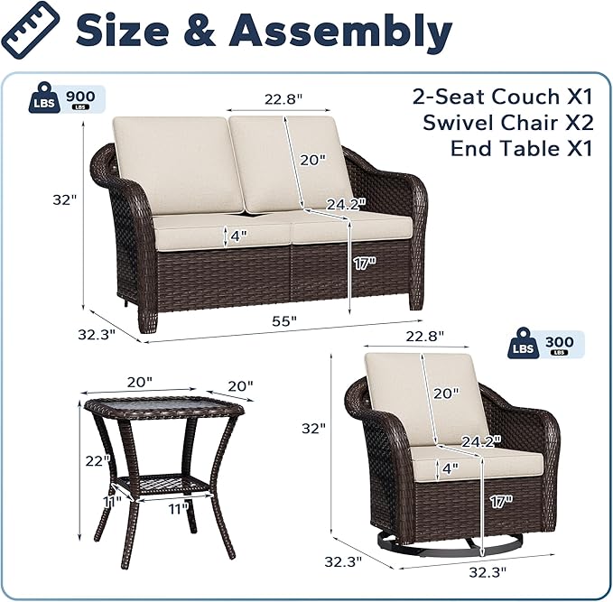 4 PCS Outdoor Conversation Set | 55" Couch, 2 Swivel Chairs, 1 Side Table， Patio Wicker Conversation Furniture with Removable Cushions for Bistro, Deck, Sunroom(Beige)