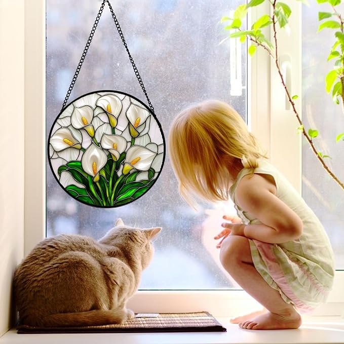 DASTOLL Stained Glass Window Hanging, White Calla Lily Suncatcher Diamond Glass Panel Hangings Flowers Sun Catchers Decor for Birthday for Women, Men, Wife, Aunt, and Mom 7.8 in