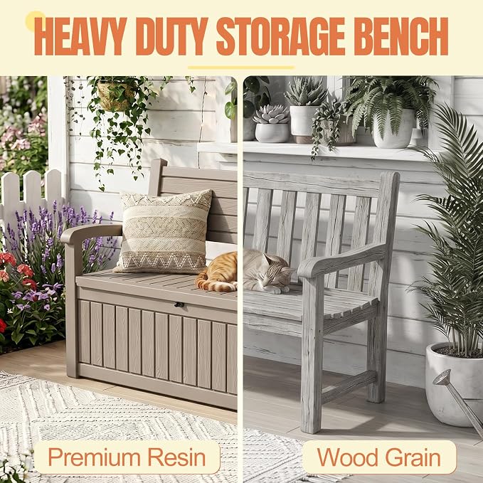 Storage Bench Outdoor Deck Box,100 Gallon Waterproof & UV Resistant Lockable Patio Furniture Seating.Indoor/Outdoor Shoe Storage Cabinet for Garden Cushions,Tools,Patio,Pool Supplies(Taupe)